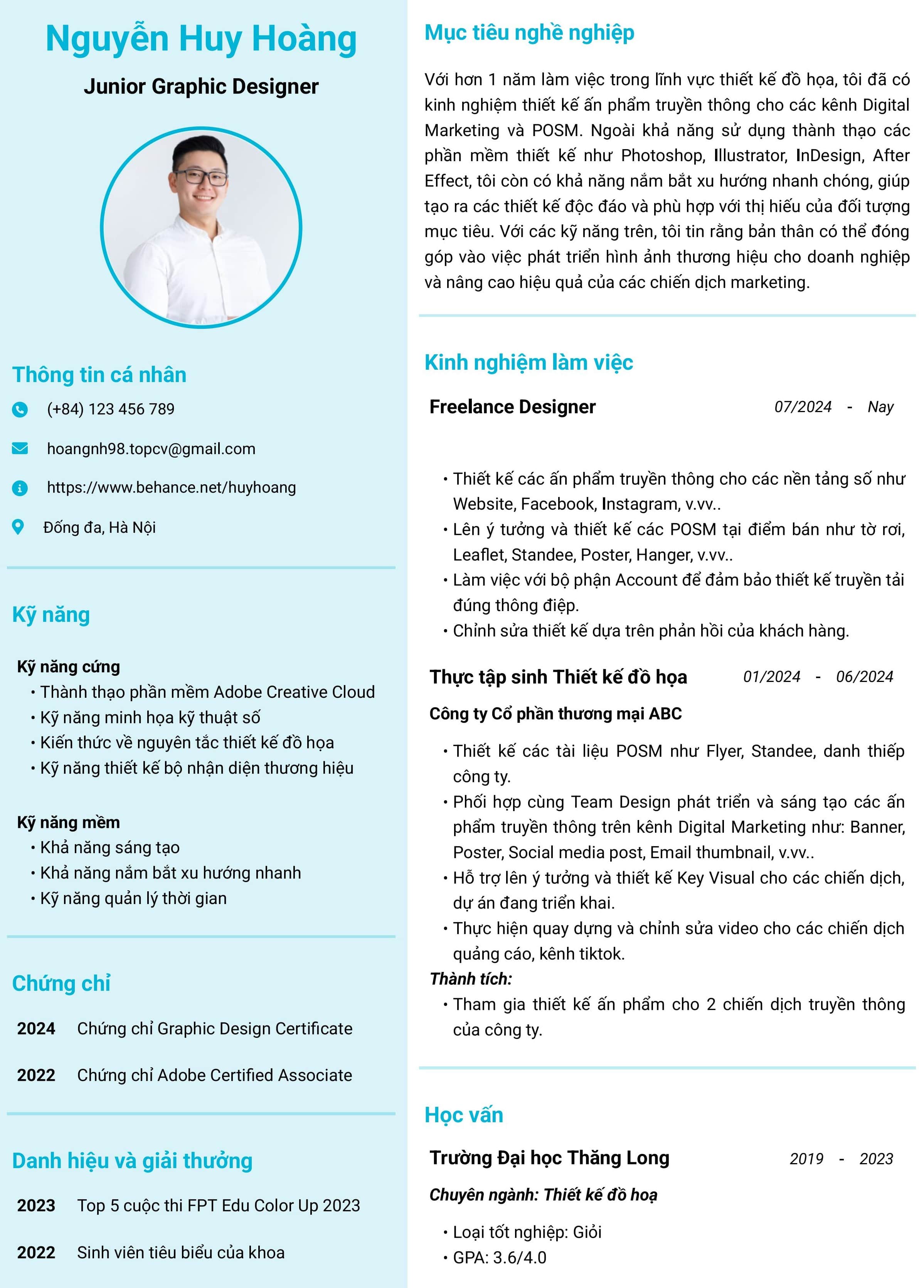 Mẫu CV Nhân viên thiết kế đồ họa (Junior Graphic Designer)